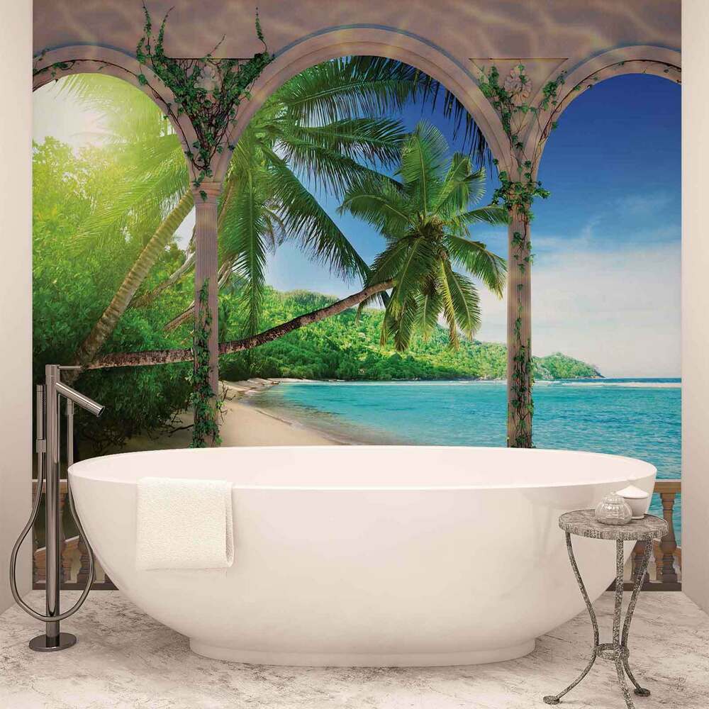 papel pintado tropical para paredes,bañera,pared,mural,habitación,diseño de interiores
