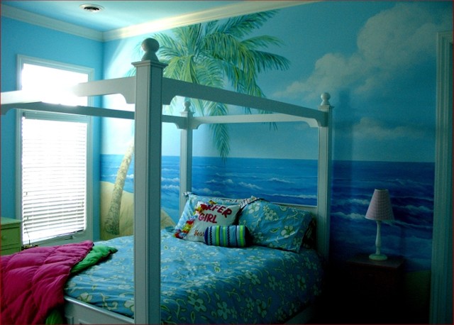 beach themed wallpaper for bedroom,bedroom,room,bed,furniture,property