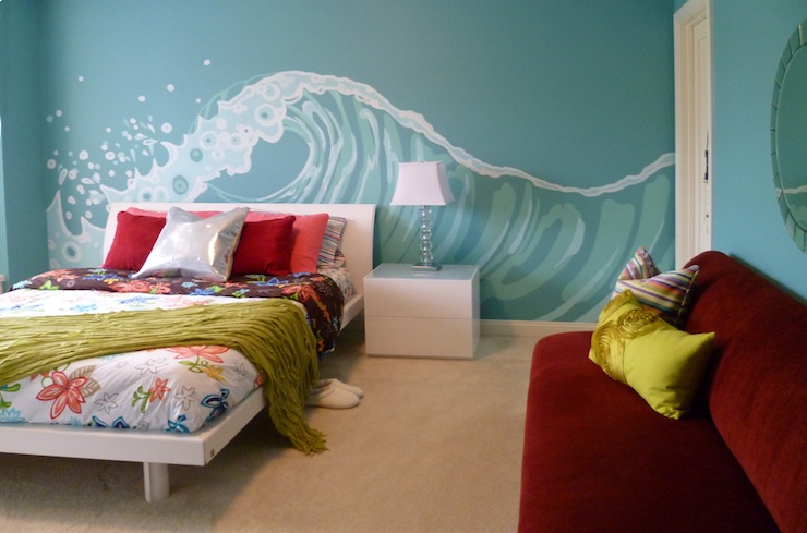 beach themed wallpaper for bedroom,bedroom,bed,room,furniture,bed sheet