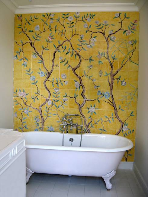papier peint chinois uk,salle de bains,mur,rideau de douche,jaune,chambre
