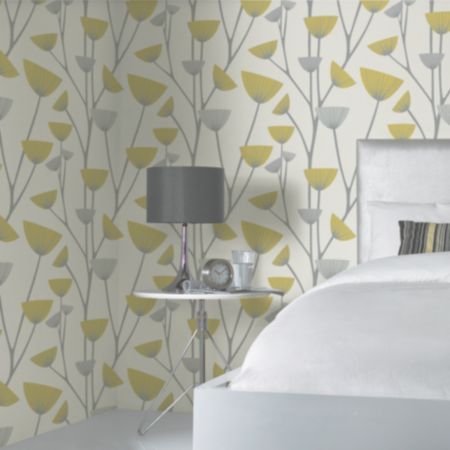 grey and yellow bedroom wallpaper,white,wallpaper,wall,yellow,interior design