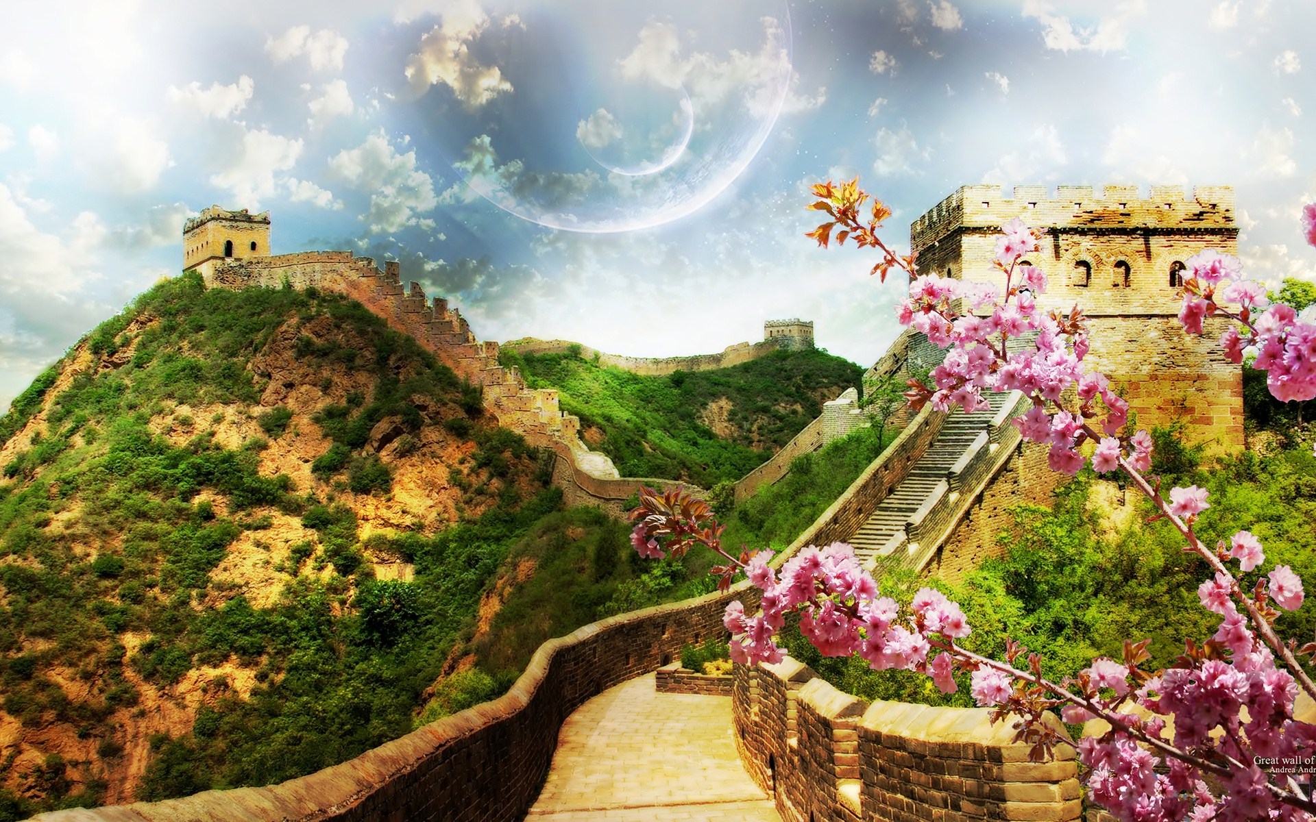 great wall of china wallpaper,natural landscape,spring,sky,flower,painting