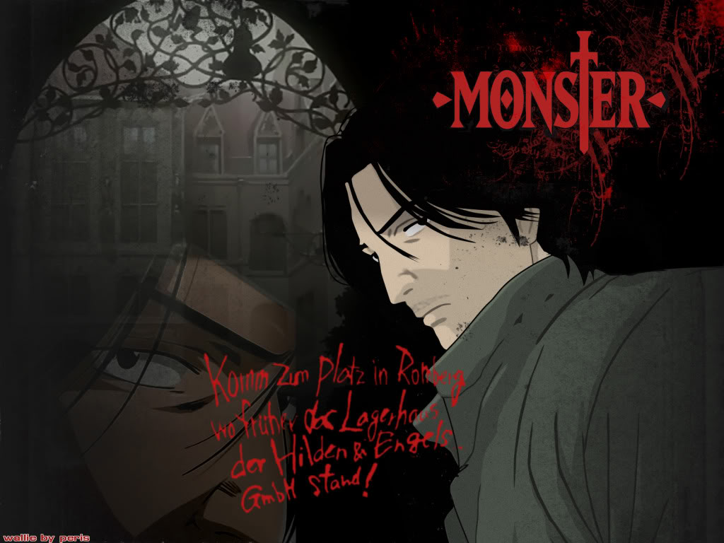 monster anime wallpaper,red,darkness,text,graphic design,illustration