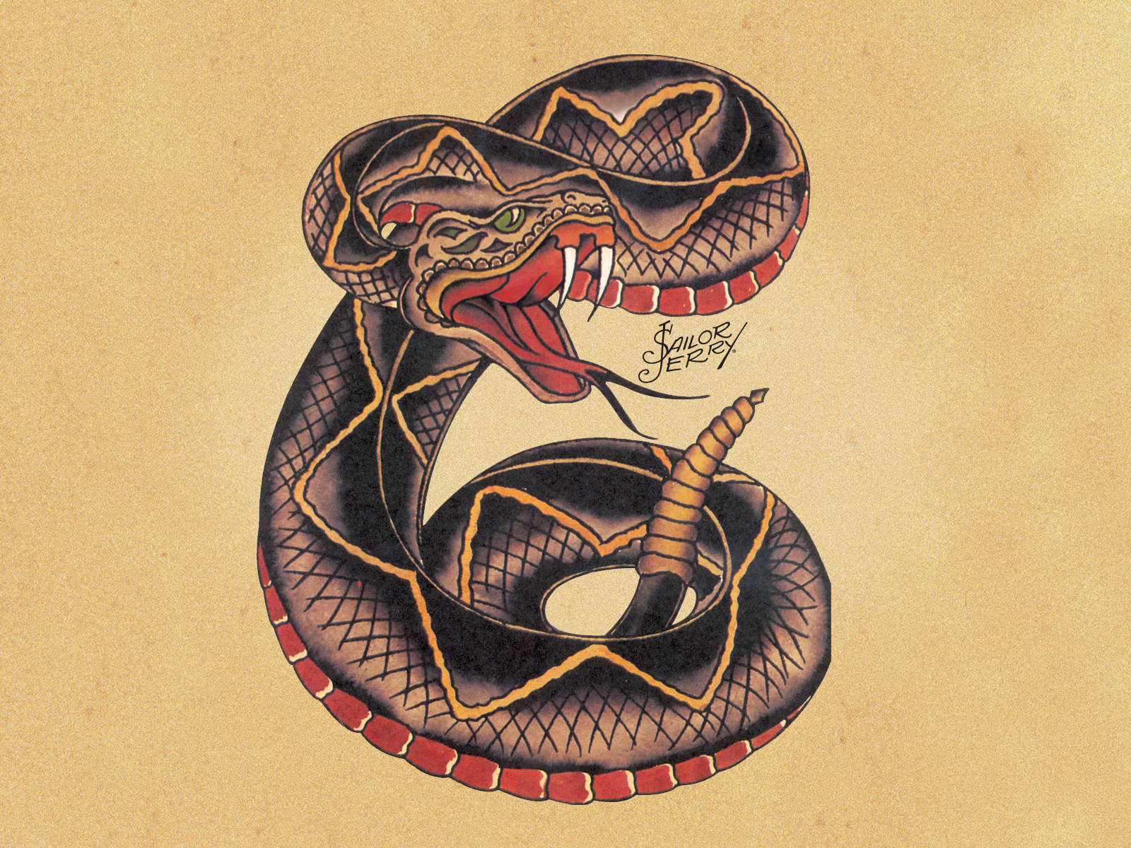 carta da parati tatuaggio old school,serpente,illustrazione,serpente,serpente a sonagli,rettile