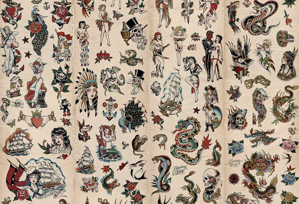 old school tattoo wallpaper,pattern,textile,design,tapestry,art