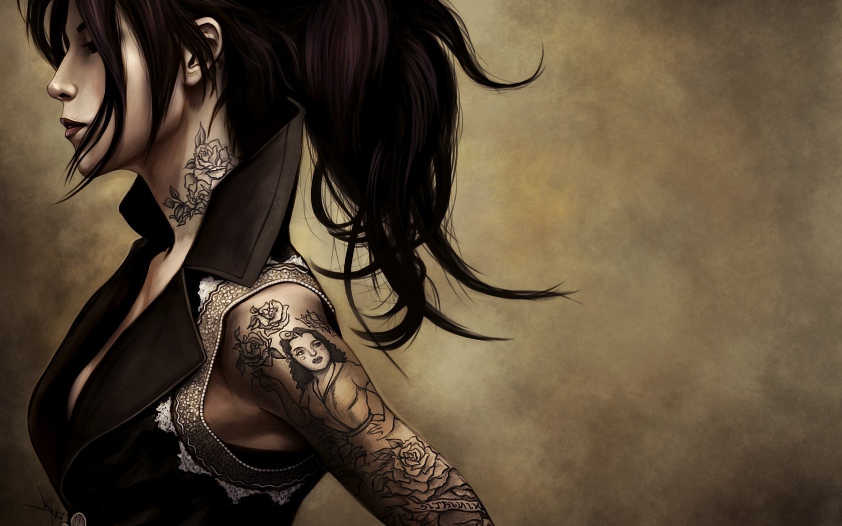 papier peint d'art de tatouage,oeuvre de cg,cheveux noirs,tatouage,cool,personnage fictif