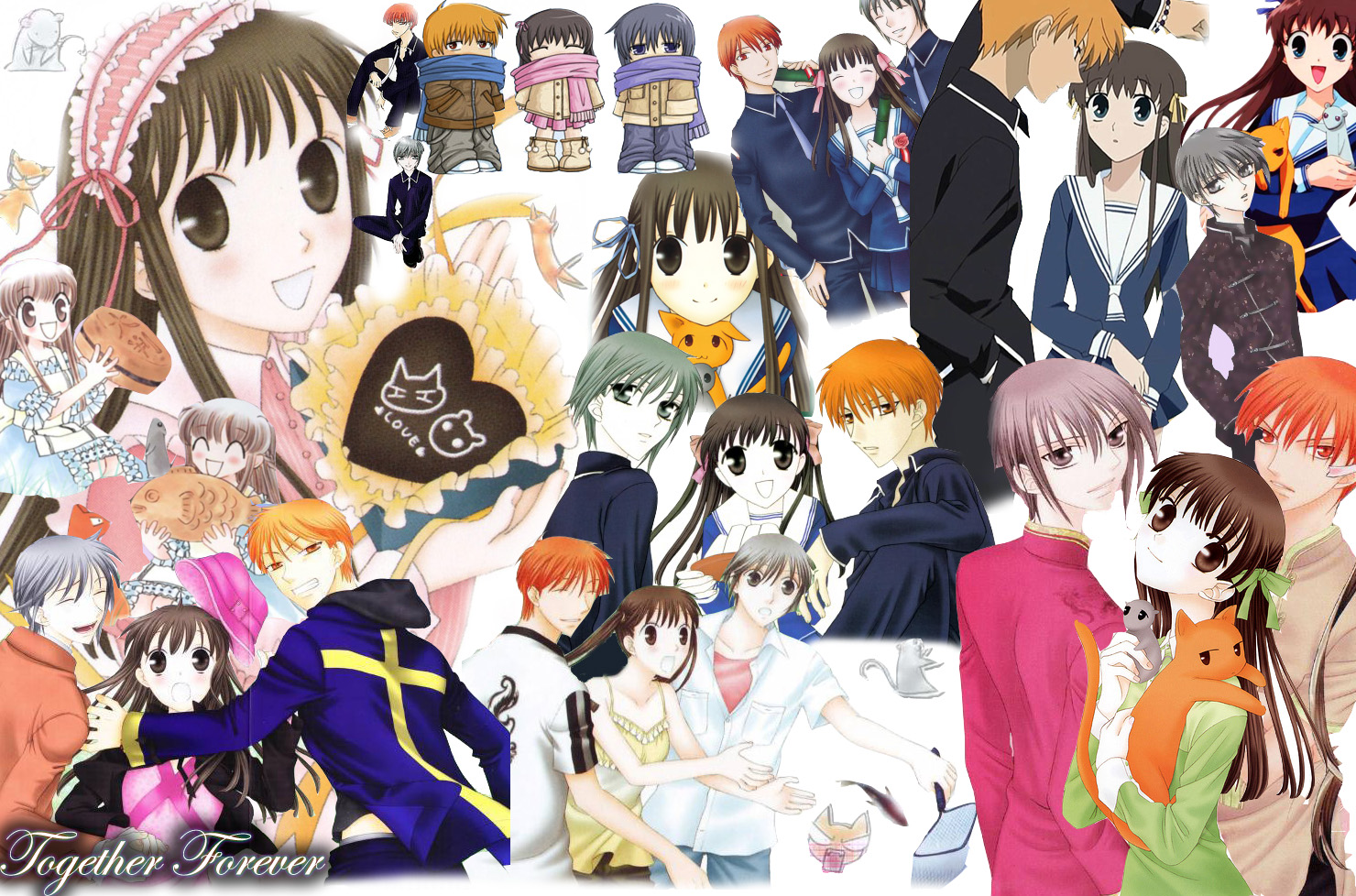 fruits basket wallpaper,cartoon,anime,collage,animated cartoon,black hair