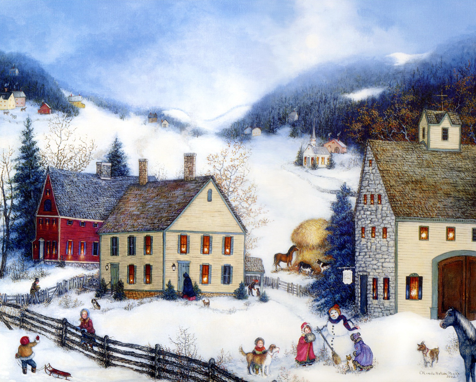 folk wallpaper,winter,snow,mountain village,town,ski resort