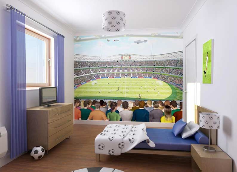 football themed wallpaper,room,furniture,bed,interior design,bedroom