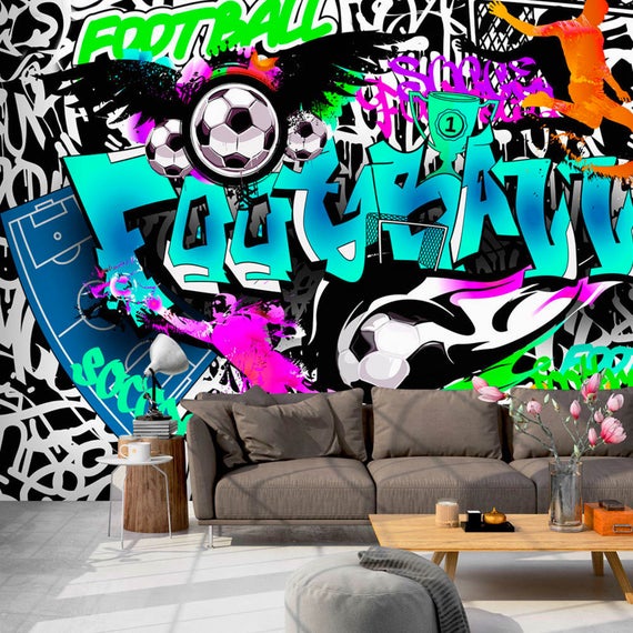 boys football wallpaper,graffiti,purple,mural,wall,room