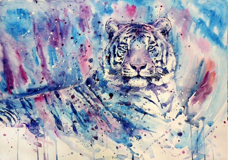 papier peint aquarelle,tigre,tigre du bengale,peinture aquarelle,félidés,léopard des neiges