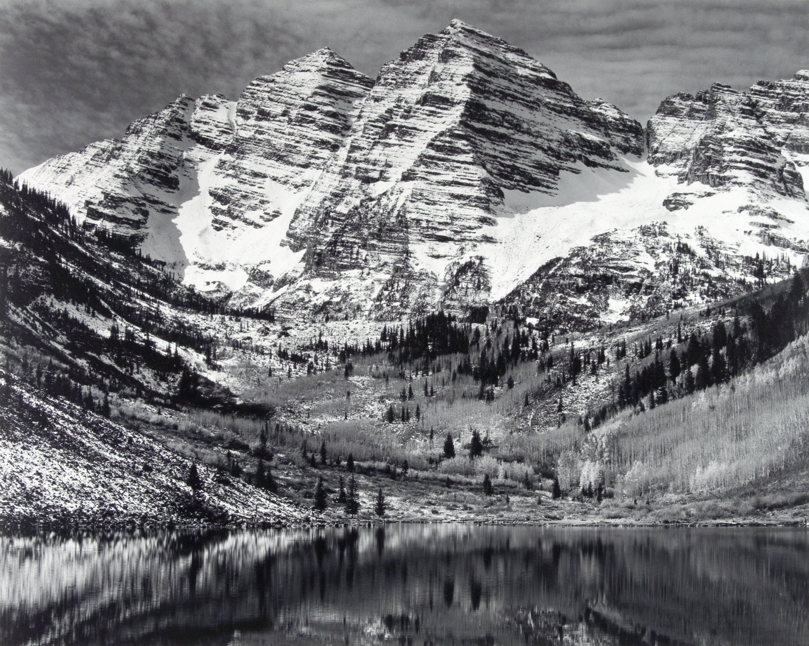 ansel adams wallpaper,mountainous landforms,mountain,natural landscape,water,black and white