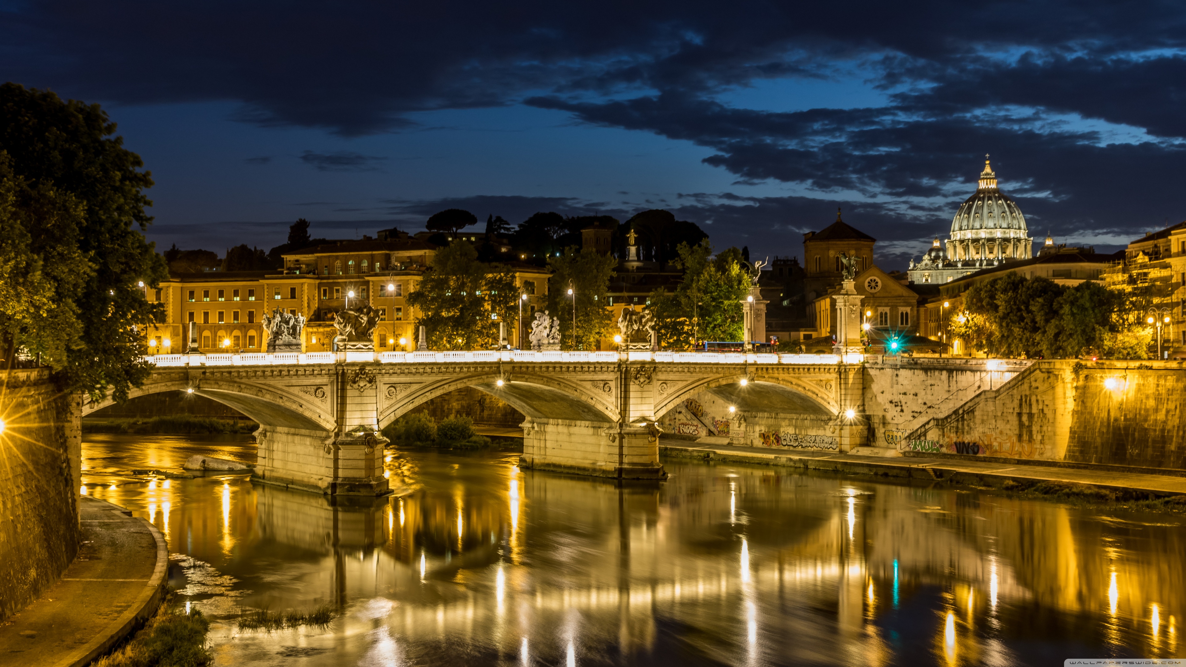 carta da parati rom,notte,riflessione,cielo,ponte,fiume