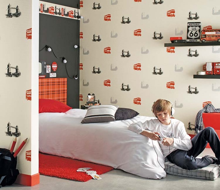 寝室のためのロンドンの壁紙,壁,家具,ルーム,赤,ベッド