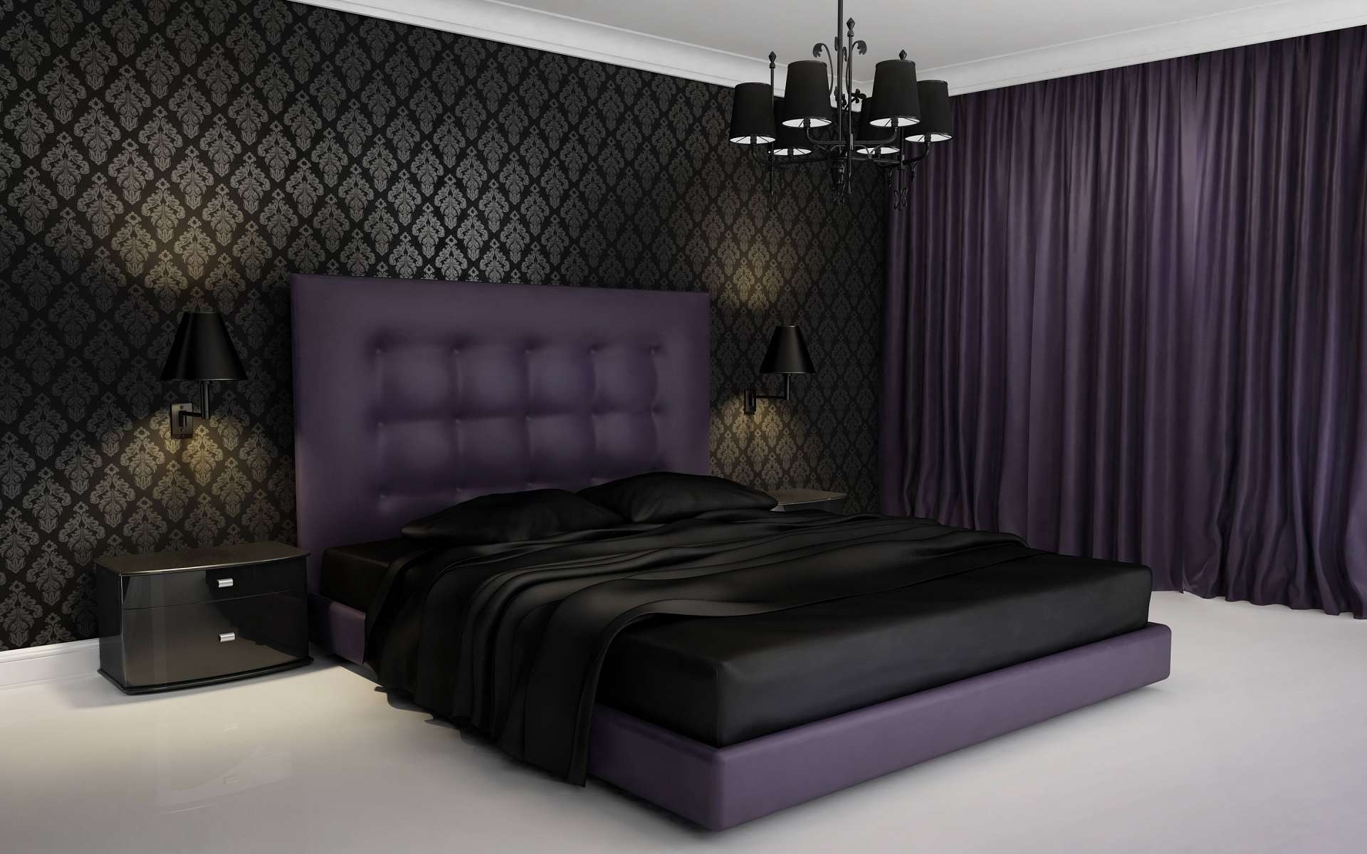 london wallpaper for bedrooms,bedroom,bed,purple,furniture,room