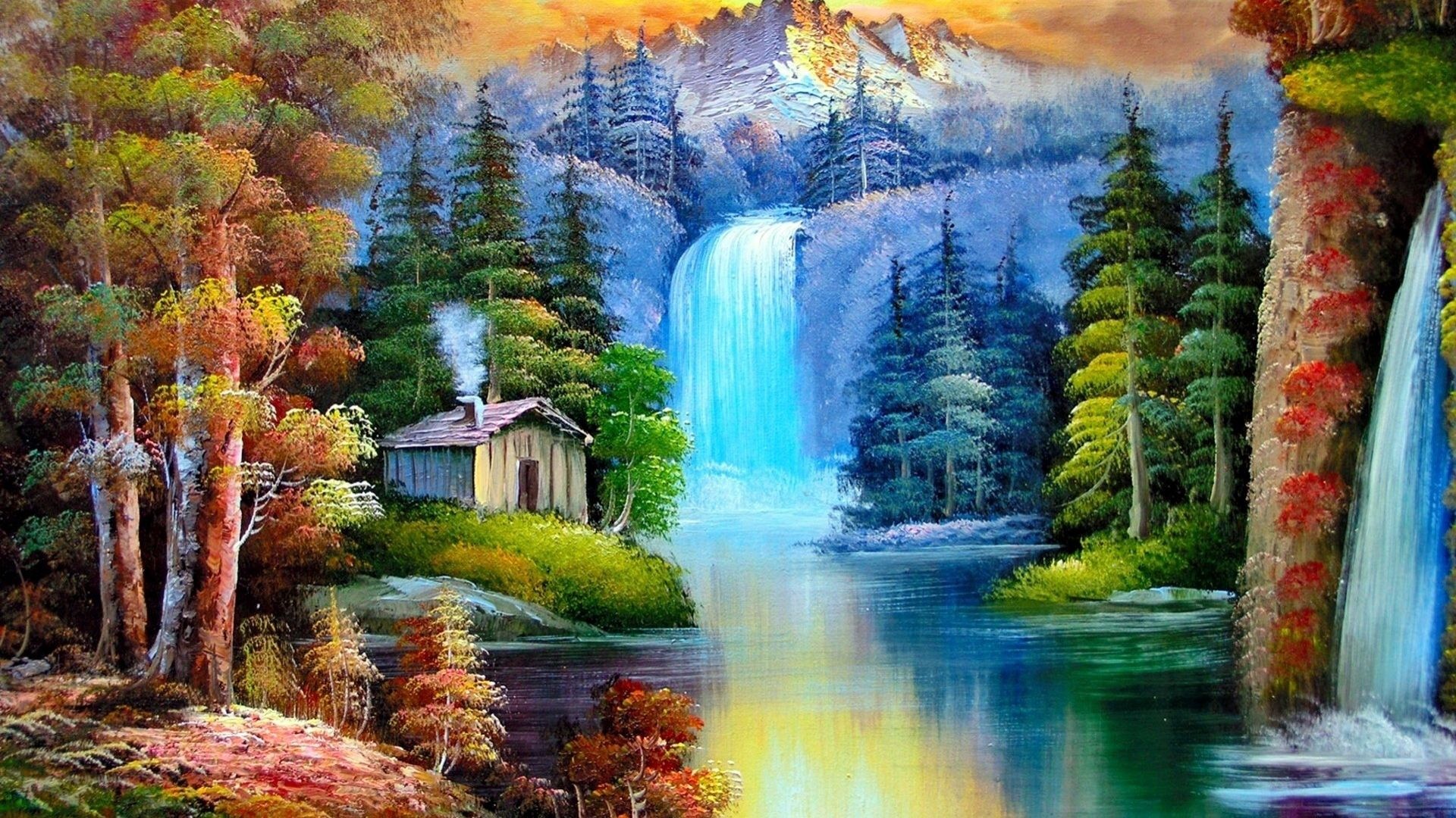 cascata sfondo del desktop,paesaggio naturale,natura,pittura,cascata,risorse idriche