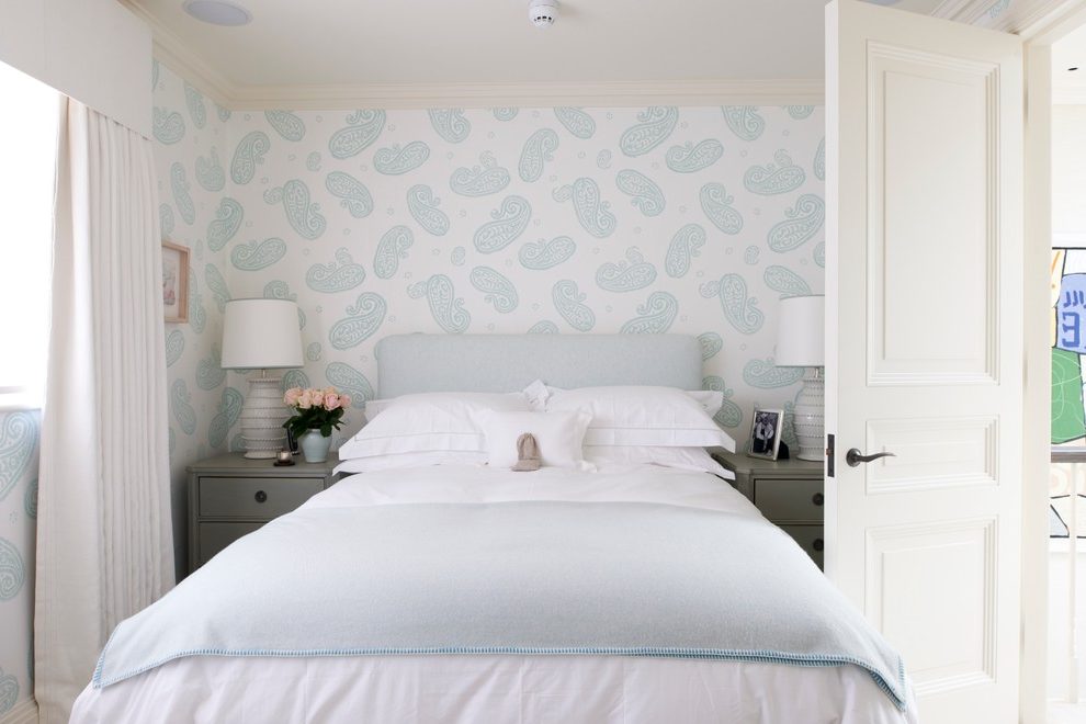 Wallpaper Behind Bed Bedroom Transitional With White WallpaperUse