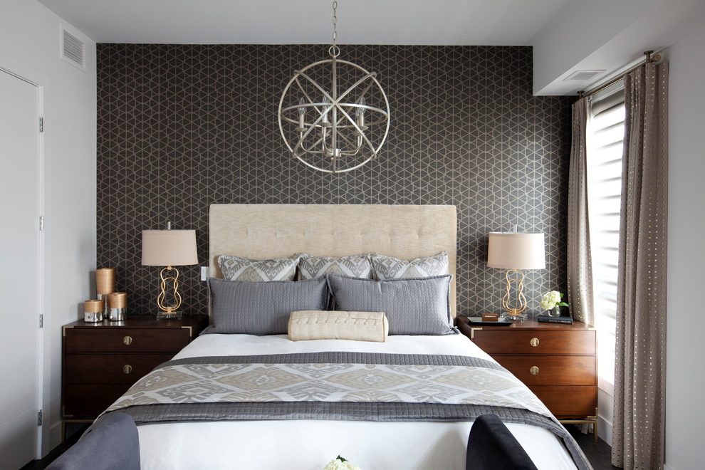 Wallpaper Behind Bed Bedroom Transitional With Upholstered Sintra
