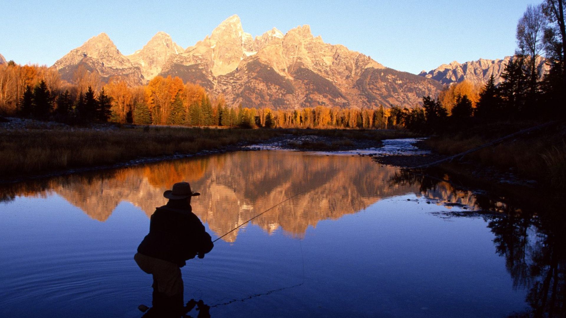 fishing desktop wallpaper,reflection,nature,natural landscape,mountain,mountainous landforms