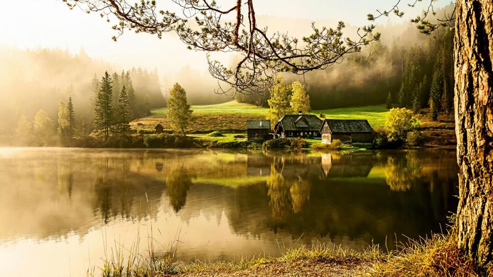 country house wallpaper,natural landscape,nature,reflection,atmospheric phenomenon,water