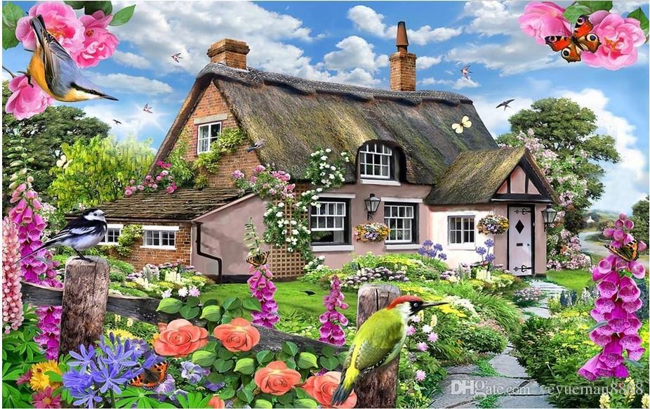 country house wallpaper,natural landscape,house,cottage,flower,spring