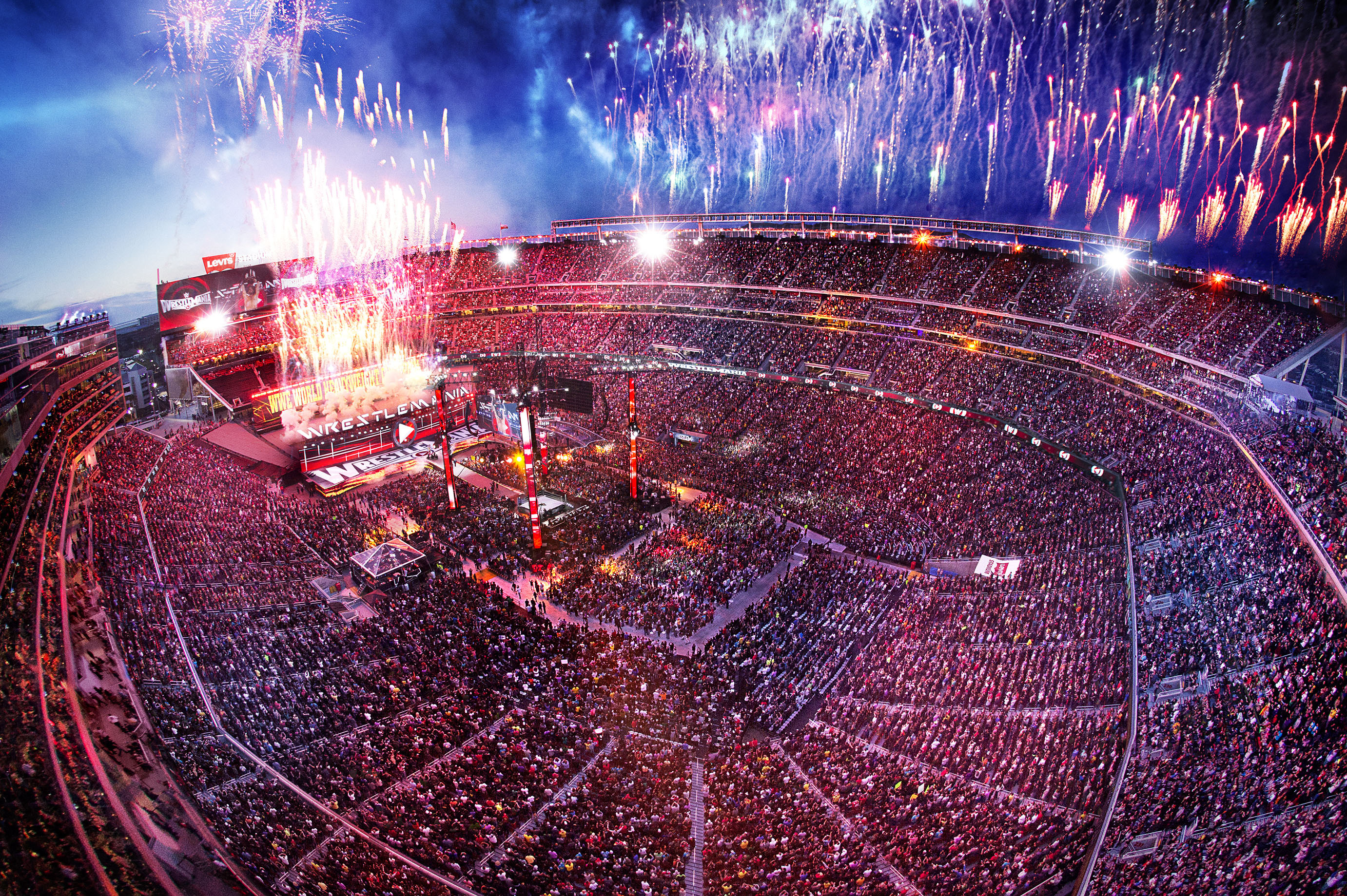 wwe wrestlemania fondo de pantalla,ligero,estadio,púrpura,noche,atmósfera