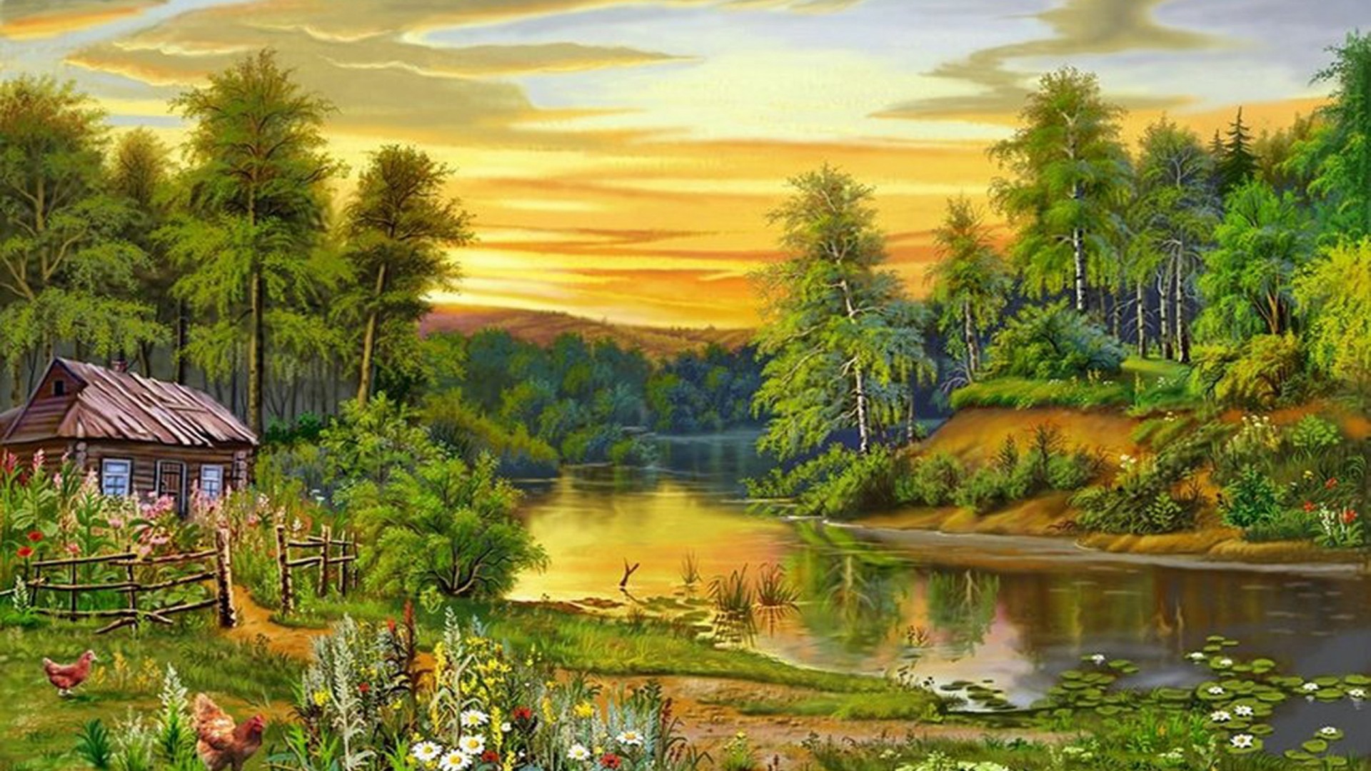 nature house wallpaper,natural landscape,nature,painting,landscape,reflection