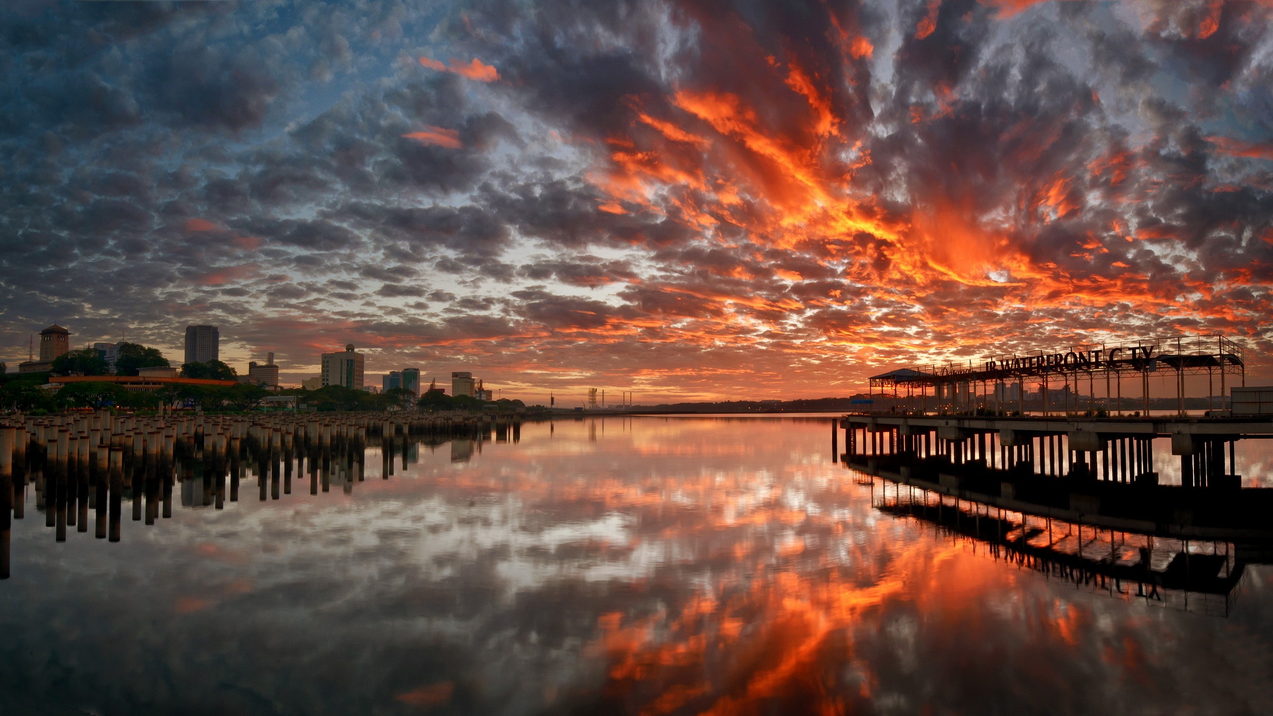 1440 wallpaper,sky,nature,reflection,cloud,pier