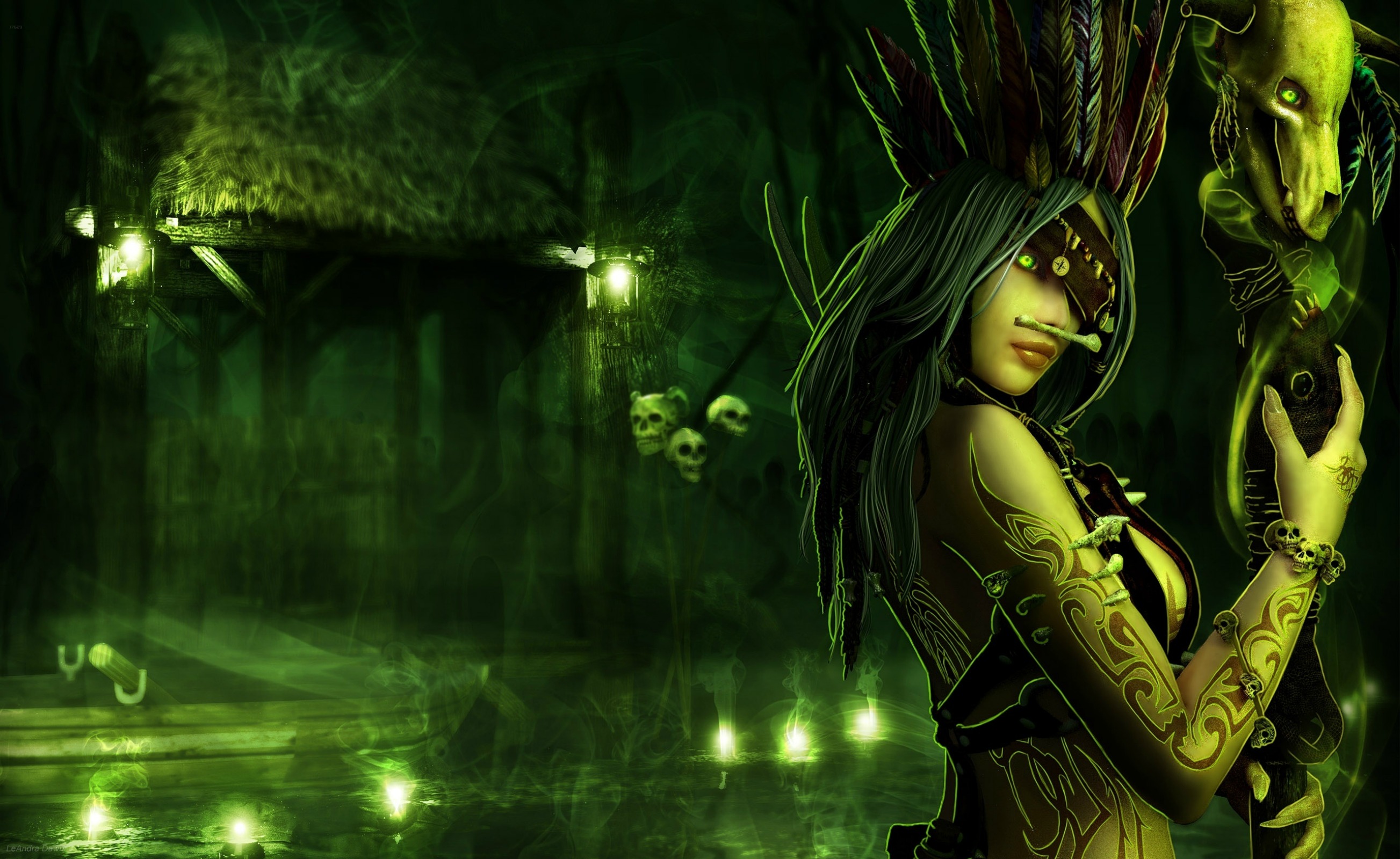 fond d'écran de sorcière hd,vert,oeuvre de cg,jungle,personnage fictif,compositing numérique