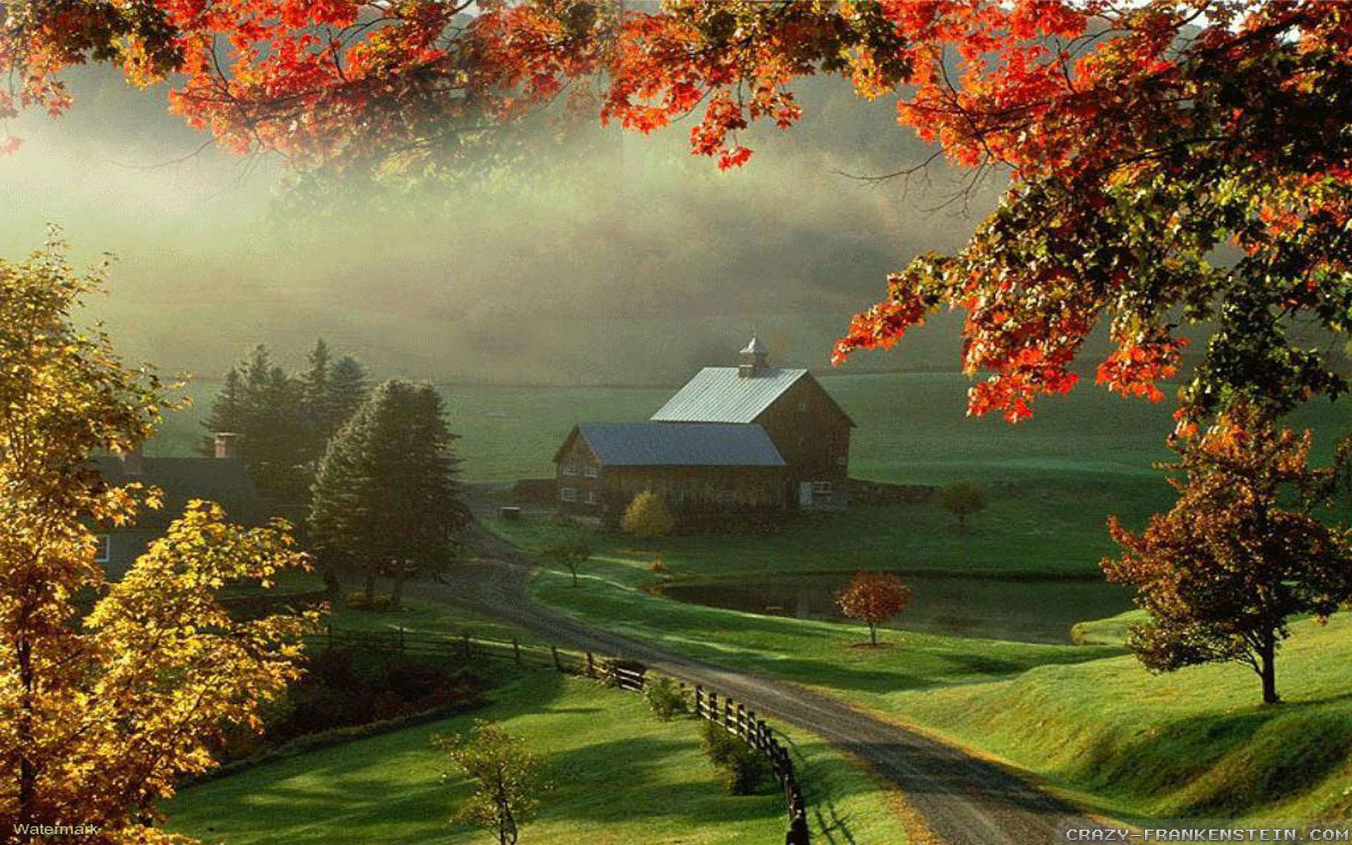 farm scene wallpaper,nature,natural landscape,sky,tree,leaf