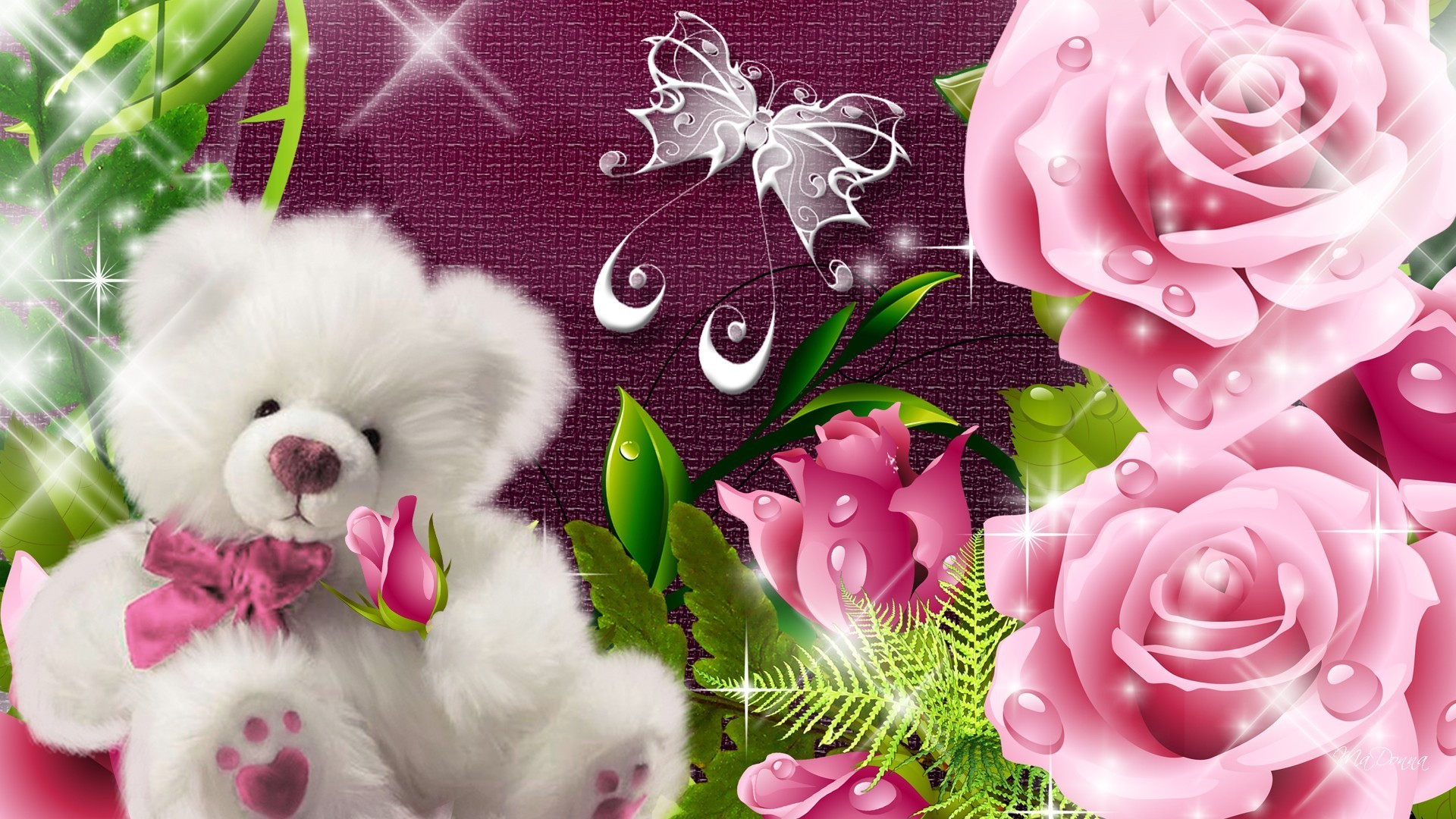 fondo de pantalla de oso rosa,rosado,oso de peluche,flor,rosa,planta