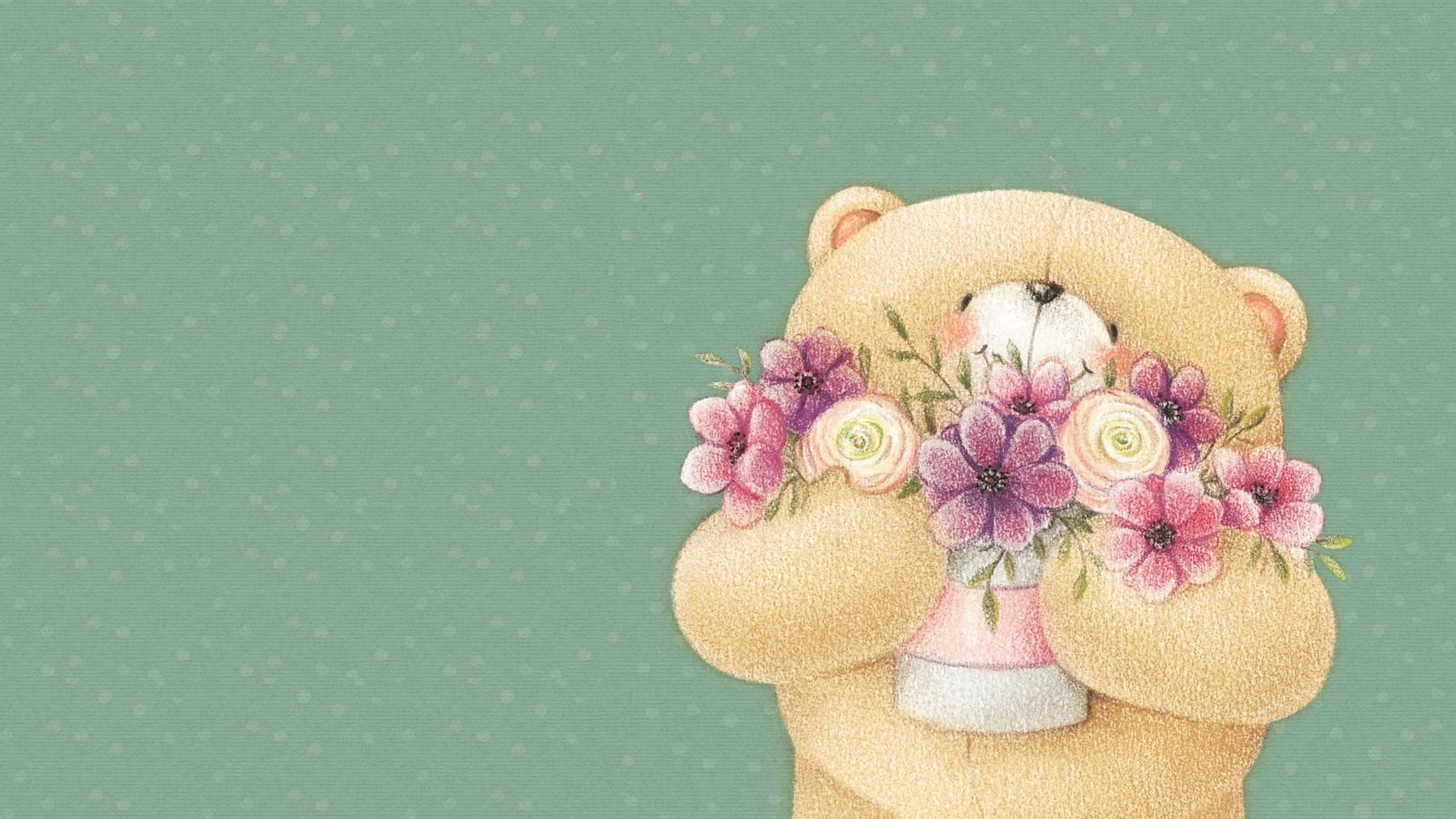 fonds d'écran ours en peluche avec des fleurs,pot de fleur,fleur,rose,plante,fleurs coupées