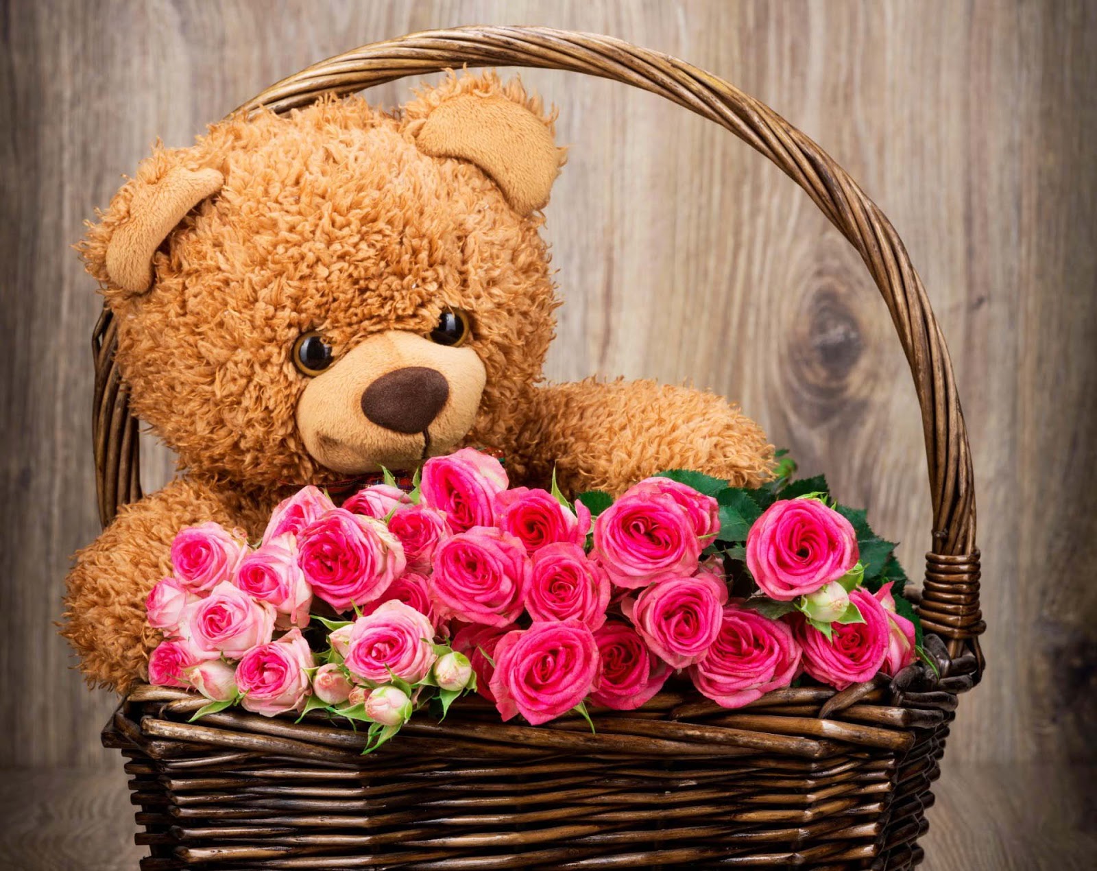 teddy bear wallpapers with flowers,teddy bear,pink,basket,cut flowers,hamper