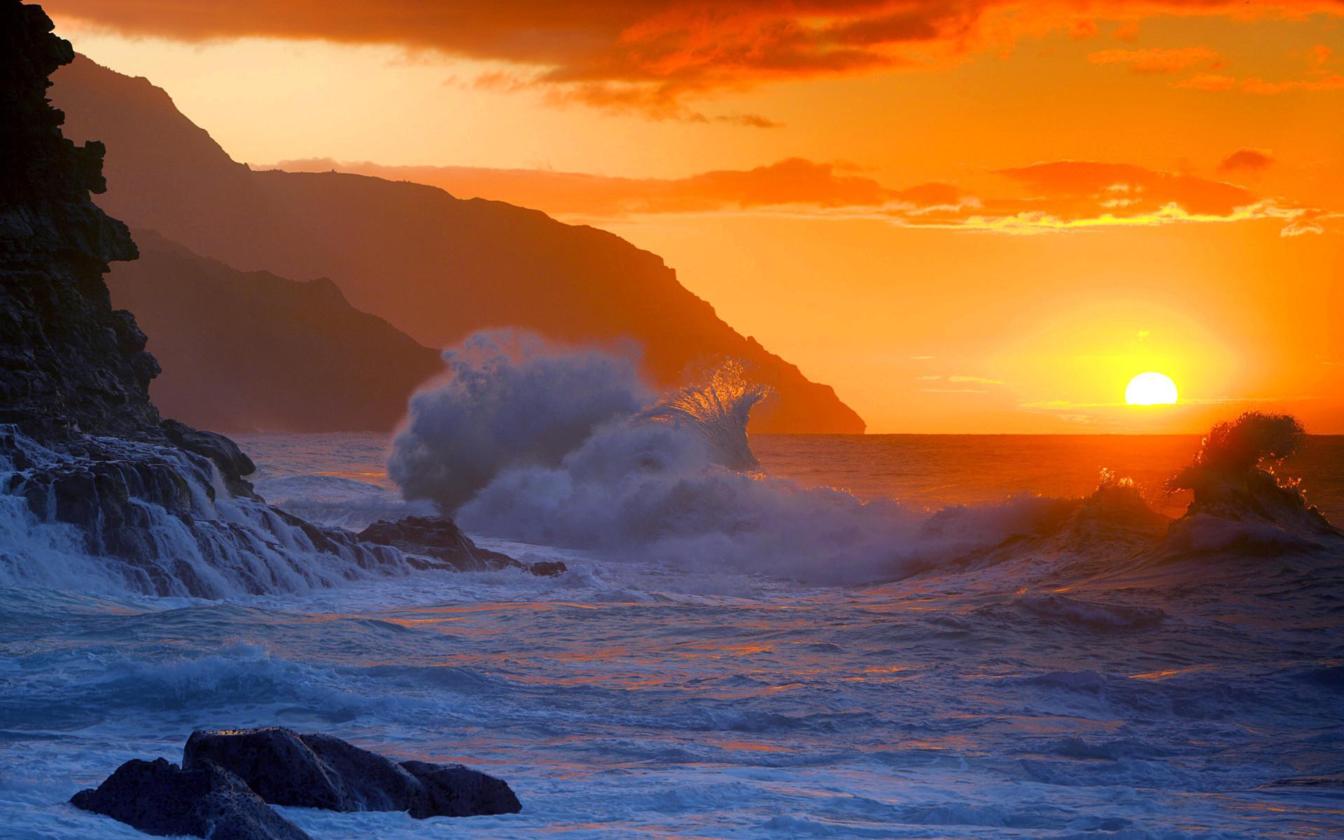 ハワイの夕日の壁紙,空,波,自然,海洋,海