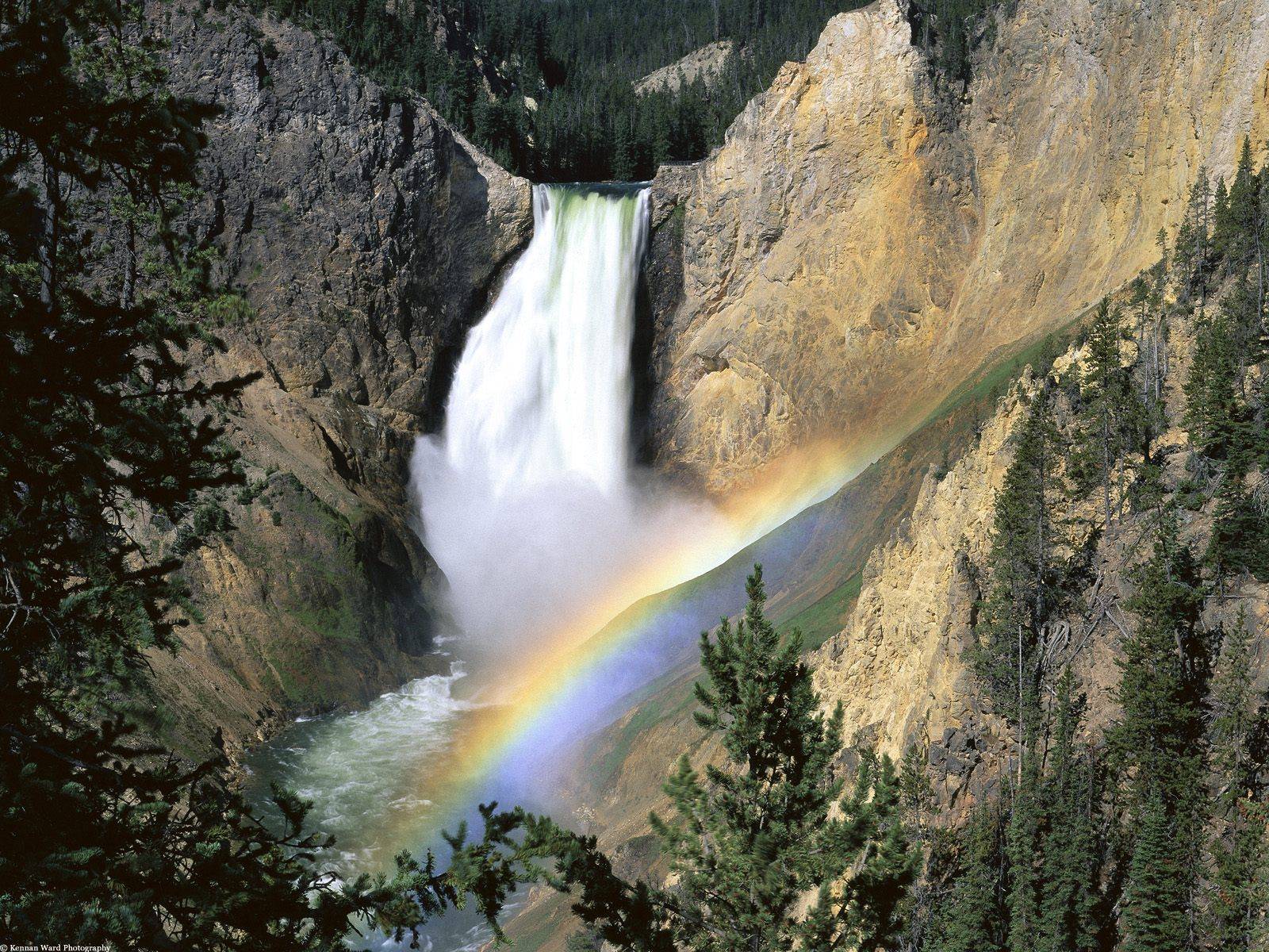 yellowstone wallpaper,waterfall,natural landscape,nature,water resources,rainbow