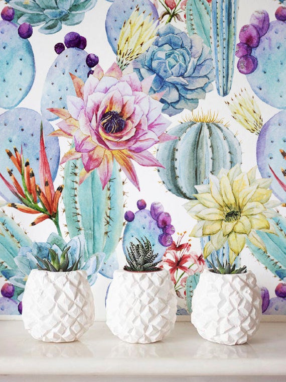 carta da parati cactus dell'acquerello,fiore,pianta,modello,pittura ad acquerello,vaso di fiori