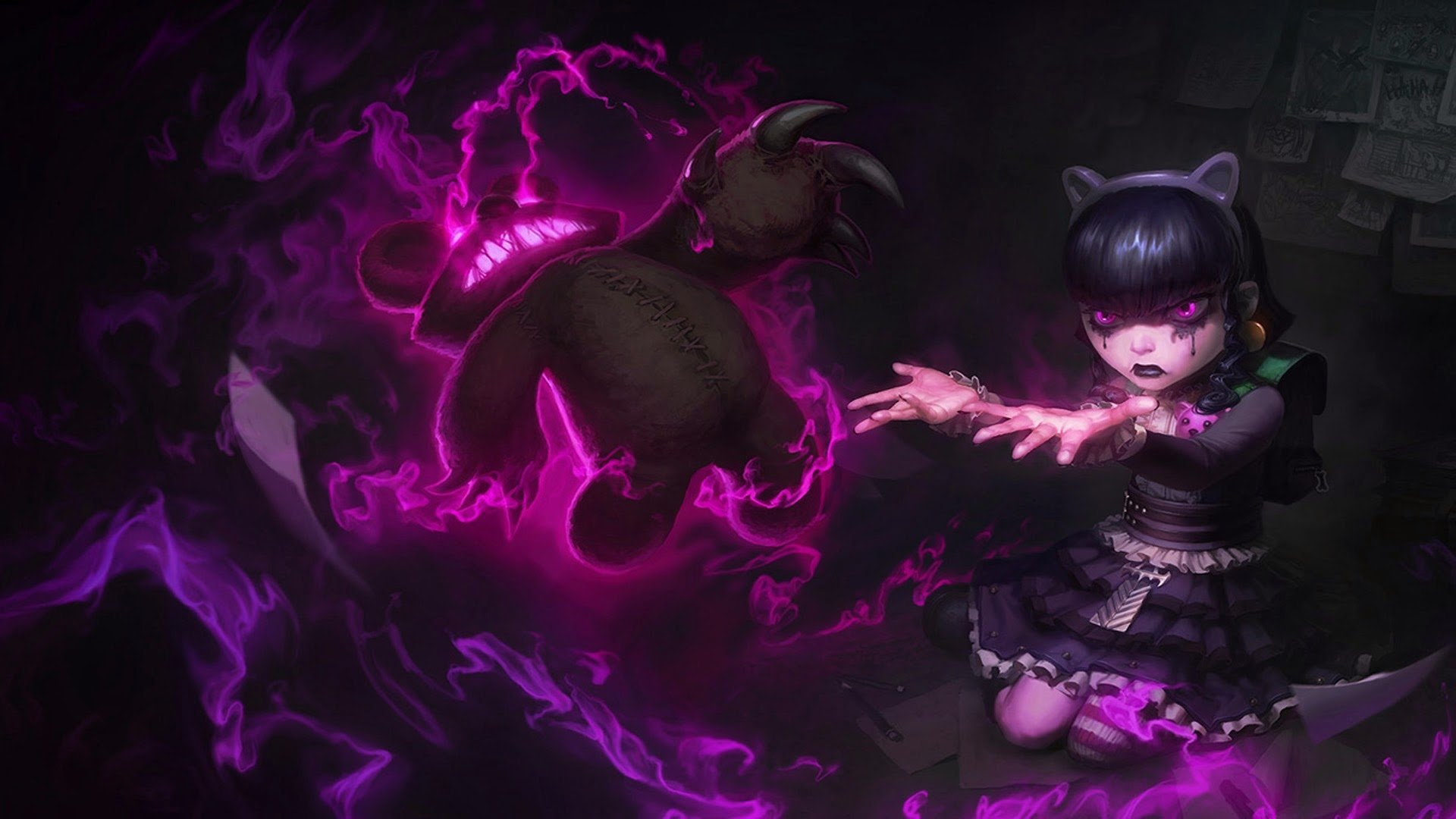 annie lol wallpaper,violet,purple,cg artwork,fictional character,darkness