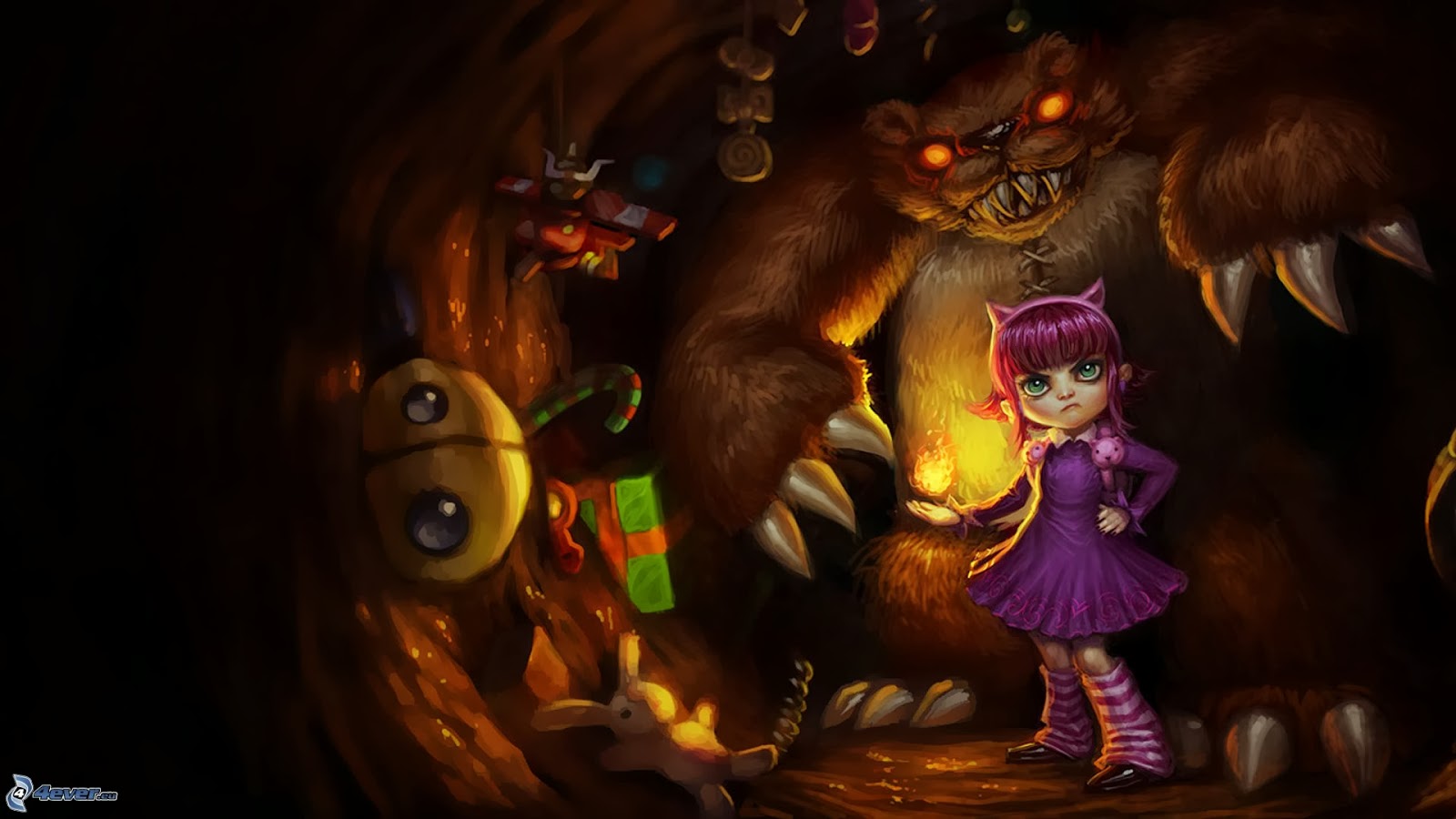 annie lol wallpaper,illustration,cartoon,fictional character,art,darkness