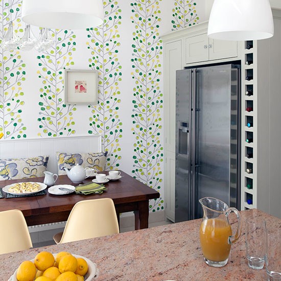 kitchen diner wallpaper,yellow,tile,room,wall,interior design