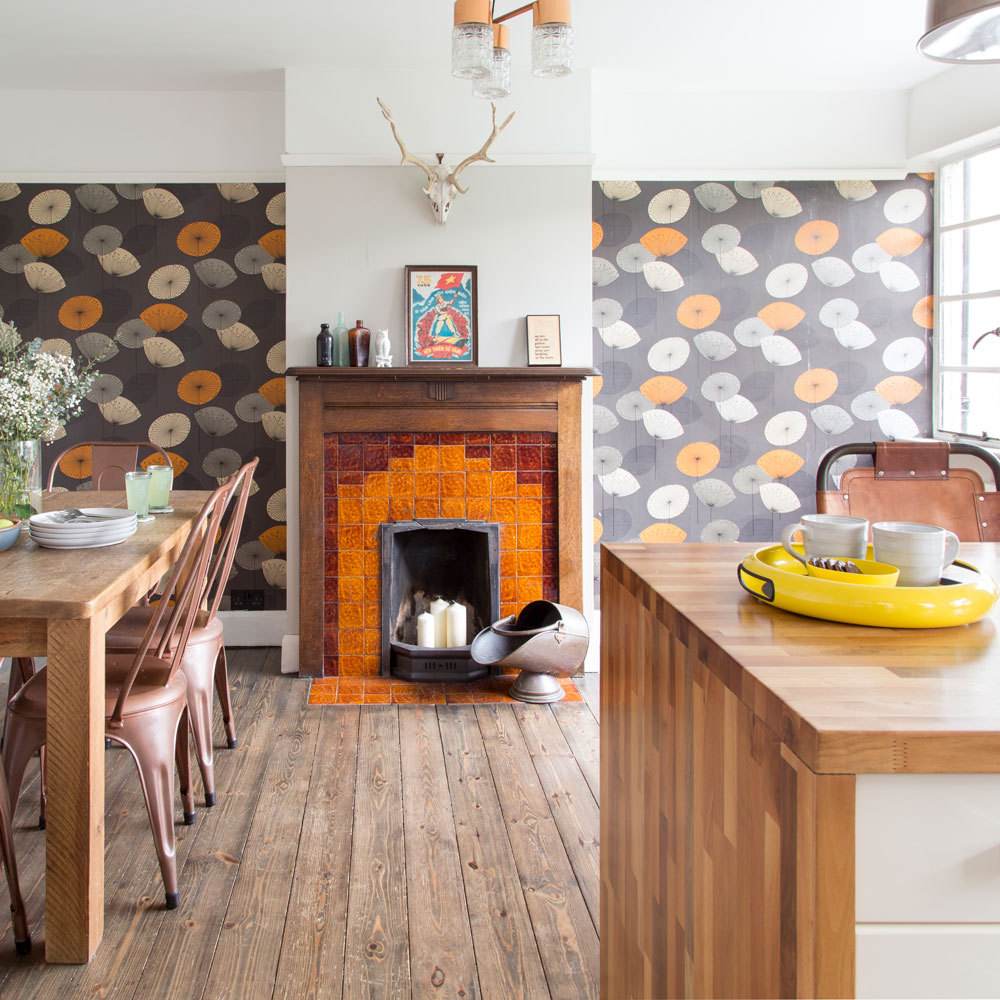 kitchen diner wallpaper,room,furniture,orange,floor,interior design