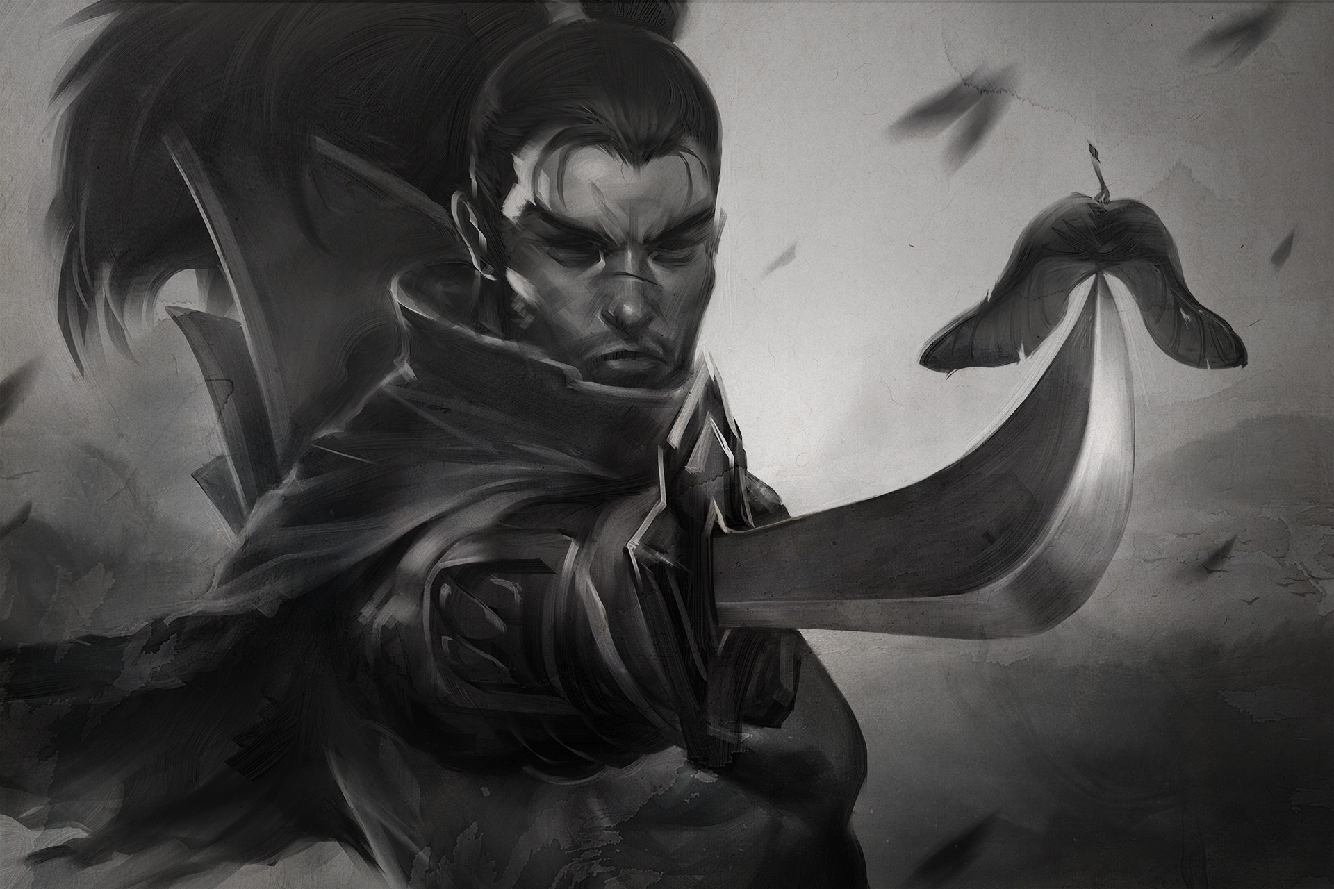 league of legends yasuo wallpaper,fictional character,illustration,cg artwork,black and white,demon