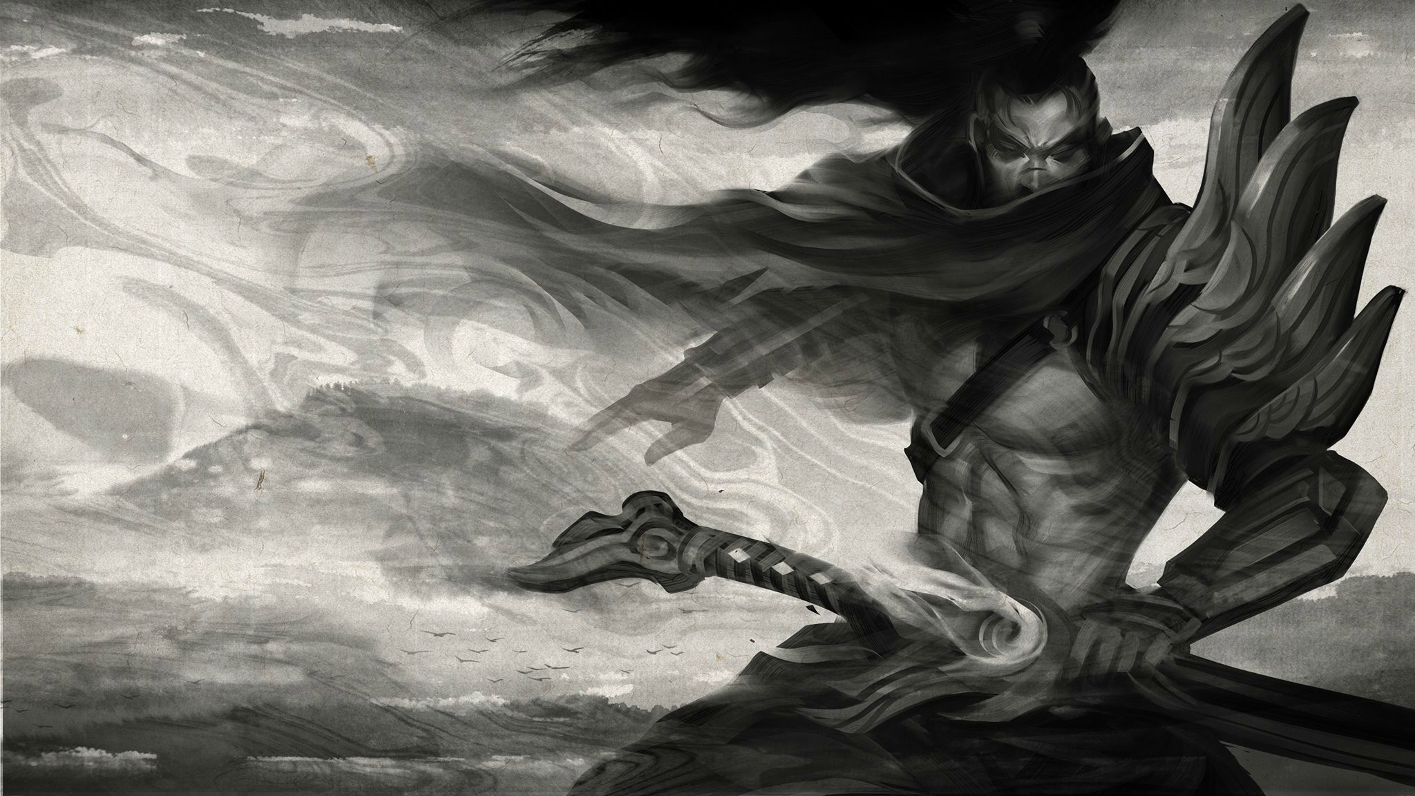 yasuo phone wallpaper,illustration,black and white,art,cg artwork,drawing