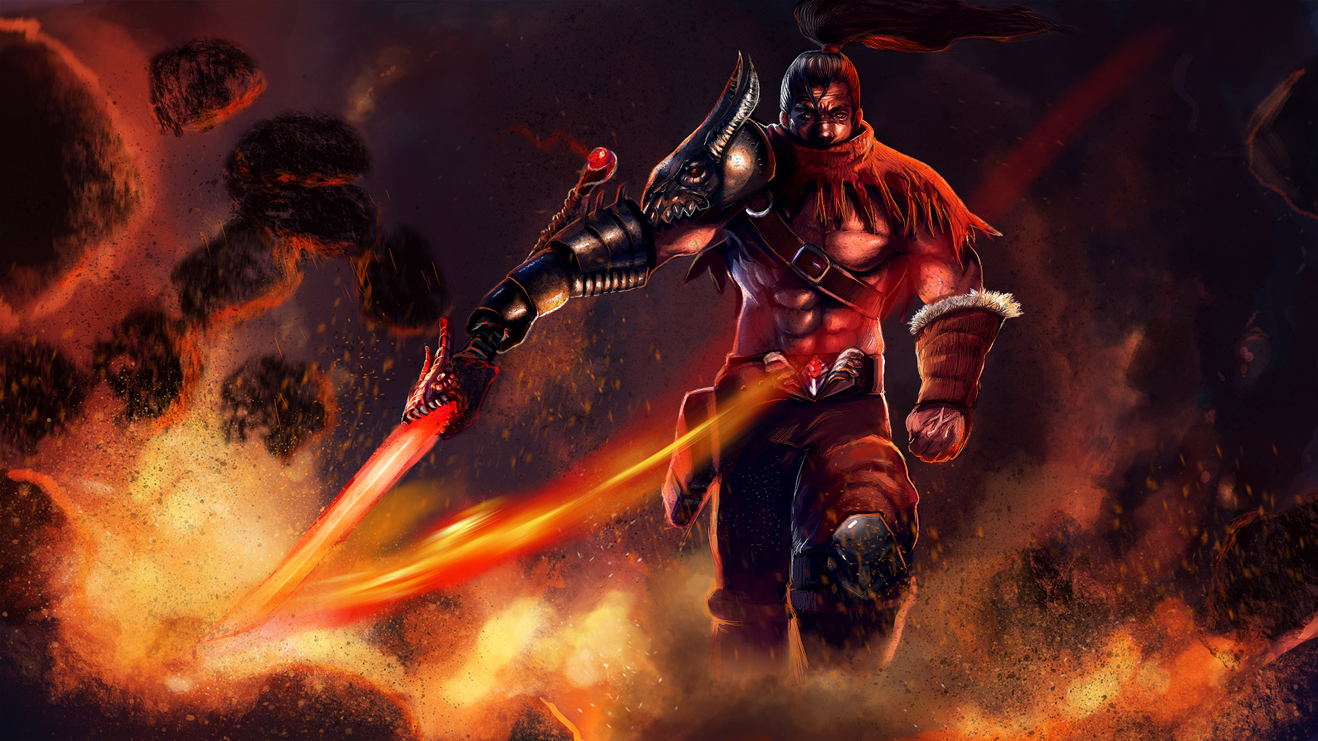 lol yasuo wallpaper,action adventure game,cg artwork,demon,fictional character,geological phenomenon