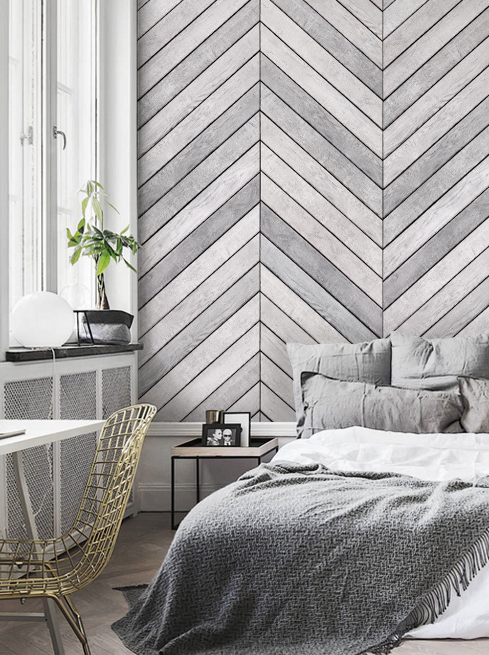 회색과 흰색 셰브론 벽지,하얀,방,인테리어 디자인,가구,침실