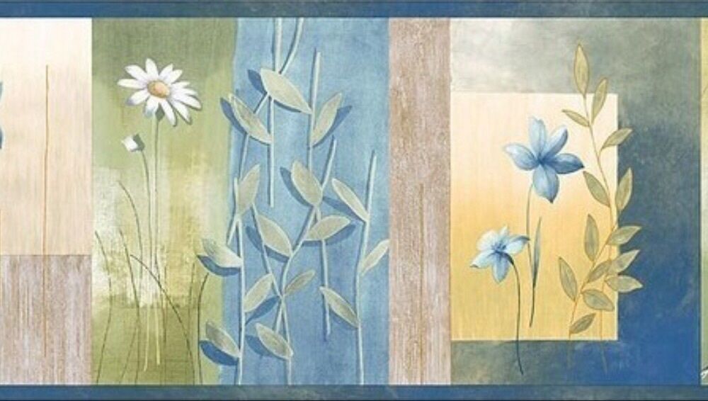 yellow wallpaper border,blue,modern art,painting,botany,flower