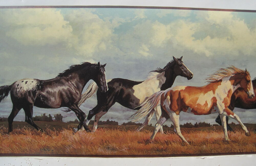 western wallpaper border,horse,painting,herd,pasture,mane