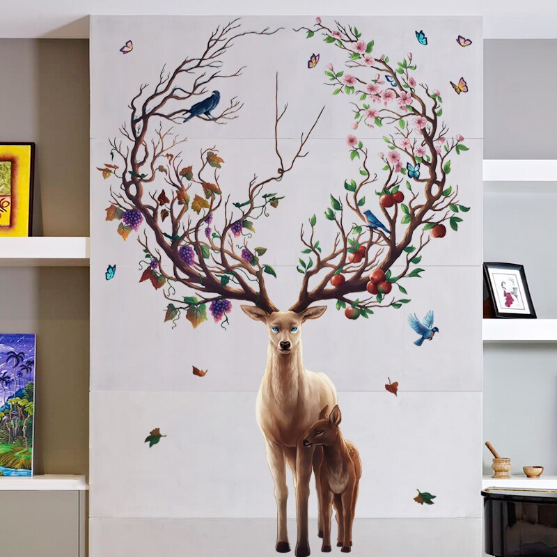 papel pintado extraíble para niños,ciervo,pared,pegatina de pared,árbol,alce