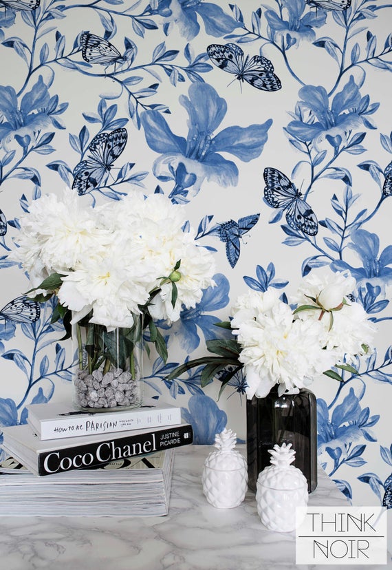 floral temporary wallpaper,blue,flower,plant,cut flowers,wallpaper