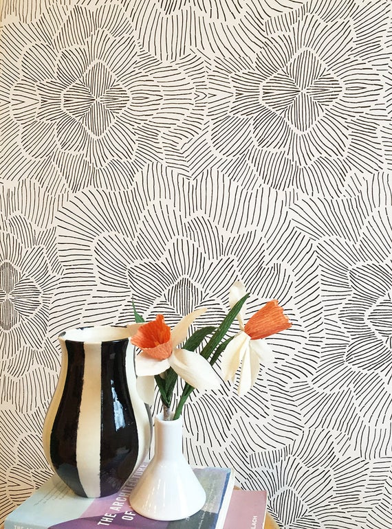 floral temporary wallpaper,orange,wallpaper,wall,flowerpot,room