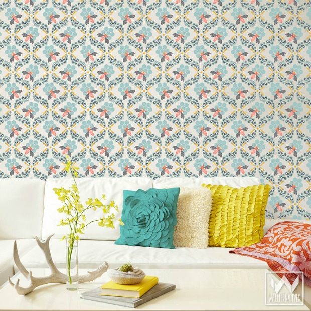 modern removable wallpaper,wallpaper,yellow,aqua,teal,room (563545